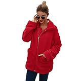 YYW Damenjacke aus künstlichem Shearling-Fleece, flauschige Sherpa-Jacke, übergroßer Reißverschluss, Zotteljacke, rot, S