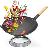 Flavemotion Wokpfanne [VOREINGEBRANNT]+ Wokring für Induktion, E-Herd (Flacher Boden, 36 cm groß) handgehämmerter Wok aus Karbonstahl inkl. Wokring zum Ab
