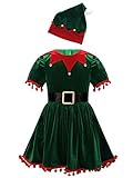 inlzdz Kinder Mädchen Weihnachten Frau Claus Kleid Urlaub Party Elf Kostüm Samt Langarm Clownkragen Pom Pom Trim Tanzkleid grün mit Hut Gürtel 9-12 M