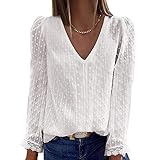 Rifuli T Shirt Damen Deep V-Ausschnitt Crop Top Laternenhülse Lange Ärmel Tunika Schweizer Punkt Hemd(Weiß, L)