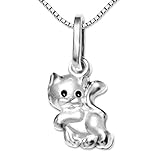 CLEVER SCHMUCK Set Silberner Kinder Anhänger Mini Katze 8 mm mit schwarzen Augen, matt glänzend kombiniert und Kette Venezia 38 cm Sterling Silber 925 im E