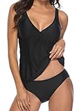 ZAFUAZ Damen-Badeanzug bedruckt, Übergröße Neckholder Tankini-Set Hohe Taille Gepolstert Bauchweg-Effekt, A-schwarz, 44-46