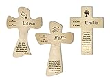 Taufkreuz mit Taufspruch personalisiert,Namen,Datum,Kinderkreuz aus Holz, individuelles Geschenk zur Geburt und Taufe für Jungen, Mädchen, Patenkind, Gravur Baum, Schutzengel, Fisch, Taub