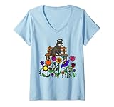 Damen Smilemoreteesa Lustiger Schnauzer-Hund auf Gartenbank T-Shirt mit V