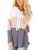 Lantch Damen Hoodies Farbblock Sweatshirt Gestreifte Pullover Casual Kapuzenpullover Langarm Shirts Kordelzug Oberteil mit Taschen(Rosa,M)