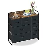 Kommode mit 7 Schubladen Wildleder Stoffschrank Sideboard Vintage Highboard Metall Mehrzweckschrank Schränke Organizer TV Schrank Klein, Küche Schlafzimmer Büro Wohnzimmer Schwarz + Grau Holz + S