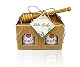 Honig Geschenkset 'LIEBE GRÜßE' mit Honiglöffel aus Kirschholz und Grußkarte - 1x250g Frühtrachthonig cremig und 1x250g Blütenhonig flüssig - 100% Deutscher Honig Honigprinz Familien-Imk