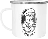 Moonworks Emaille Tasse Becher Kapitän Seemann mit Pfeife Schriftzug Moin Kaffeetasse weiß-metall E