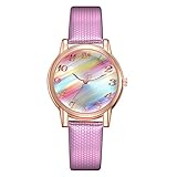 Carry stone Womens Watch, Regenbogen Farbe arabische Zahlen rundes Zifferblatt Quarz Kunstleder Armbanduhr langlebig und prak