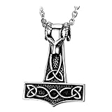 Flongo Herren Kette Männer Anhänger, Edelstahl Anhänger Halskette Schwarz Gold Irish Celtic Knot Irischen Keltisch Knoten Thorshammer Mjölnir Kriegshammer Herren-Accessoires, mit 55cm Kette (Silber)