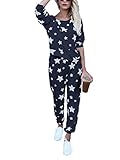 ORANDESIGNE Sterne Jumpsuit Damen Elegant Langarmshirt Damen Overall Off Shoulder Lang Pyjama Schlafanzug Lang Zweiteilige Nachtwäsche Hausanzug Dunkelblau 38