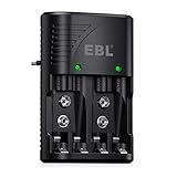 EBL Akku Ladegerät für NI-MH AA/AAA Akku 9V Akku Schnell Ladegerät 4 Fach Batterie Ladegerät für wiederaufladbare-Batterien schnelle Aufladung mit LED Anzeig
