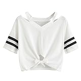 YEBIRAL Damen Sweatshirt, Teenager Mädchen Kurzarm T-Shirt Bauchfrei Oberteil Kurz Sommer Strand Casual Crop Tops V-Ausschnitt Bluse mit Schleife(XL,Weiß)
