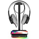 RGB-Kopfhörerständer mit kabellosem Ladegerät, KAFRI Schreibtisch-Gaming-Headset-Halterung mit 10 W/7,5 W Schnellladung, kabelloses Qi-Ladepad, geeignet für Gamer, Desktop, Spiel, Kopfhörer-Zubehö