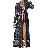 Tyidalin Damen Spitzen Cardigan Sommer Maxi Lang Strandkleid Strandponcho Pareo Elegant(Schwarz)