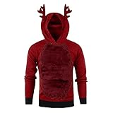 Lomelomme Herren Lustig Weihnachtspullover Ugly Teddy-Fleece Kapuzenpullover mit Kapuze Oversize Weihnachten Rentier Cosplay Kostüm Christmas 3D Funny Hooded Sweatshirts Pulli fur M