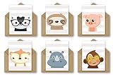 Umweltfreundliche recycelte Grußkarten mit niedlich gezeichneten Tieren auf der Vorderseite (12 Set)
