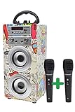 DYNASONIC Bluetooth Lautsprecher für Karaoke Kinder Anlage MP3 Player Boxen Akku-Lautsprecherbox 025 (025-2, 2 mikrofonen)