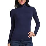 Carcos Damen Rollkragen Langarm Shirt, Basic Rolli Oberteil Hoher Kragen Slim Fit T-Shirt Top für Herbst Winter,Marine,S