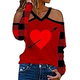 TOALOL Schulterfrei Oberteil Damen Kalte Schulter Oberteil Blusenshirt Langarm Valentinstag Bedruckte Sexy T-Shirts Schöne Elegant Basic Shirt Tunika Silvester Outfit Damen (rot4, XXL)