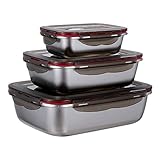 3-teiliges Frischhaltedosen-Set Vorratsdosen aus Edelstahl mit Deckel Luftidcht Lebensmittelbehälter Meal Prep Boxen Edelstahl Schüssel mit Deckel Stapelbar, 600ml/ 1500ml/ 2900