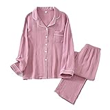 Spring and Autumn Cotton Soft Breathable Ladies Pajamas Long-Sleeved Long Pants Simple Casual Two-Piece Home Wear (Pink Purple Large)