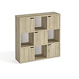 KOMTO Bücherregal mit Türen Sonoma Eiche - Bücherschrank Holz Raumteiler Regal 9 Fächer Würfelregal für Kinderzimmer und Wohnzimmer 90 x 90 x 27,5