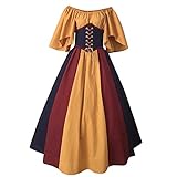 Damen Mittelalter Kleid mit Trompetenärmel Gebunden Taille Gothic Retro Midi Kleid Renaissance Cosplay Kostüm Kleid Karneval Halloween Party (Gelb, S)