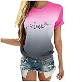 Valentinstag Liebesbriefe Herzförmiger Druck Damen Lässig Kurzarm Liebe Hit Farbe T-Shirt Tops Rundhals Top