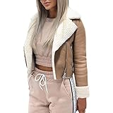 Writtian Damen Faux Pelz Fleece Revers Wildleder Jacke Bikerjacke Motorradjacke Felljacke Dünne Kurze Mantel Warm Winterjacke Lederimitat Lederjacke Pink Kunstleder Jacke Cross Over Krag