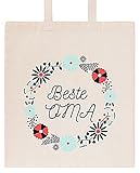 FremiBag Beste_Oma_Tasche - Oma Geschenk - Beste Oma Blumenkranz - Stoffbeutel aus Baumwolle - Jutebeutel mit Langen Henk