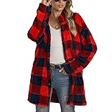 Fuzzy Karierte Jacke für Damen Herbst Revers Langarm Kunstpelz Knopfleiste Jacken Mantel Casual Winter Warm Fleece Outwear Cardigan Voercoat Mitte Läng