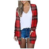 Women Casual Plaid Print Long Sleeve Pocket Open Front Cardigan Loose Midi Coat Outerwear for Home Holiday (Red, L)