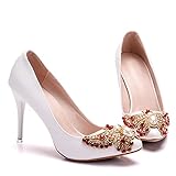 Brautschuhe Damen,Damen Tanzschuhe,Hochzeitsschuhe,9Cm Stiletto Spitze High Heels,Blumen Strass Plus Größe Schuhe,Bankett Abschlussball Kleid Sandalen,34-41EU,Weiß,41 EU