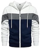 Hoodie Herren Kapuzenpullover Pullover Sweatshirt Langarm Farbblock Sweatjacke Casual Sport Outwear mit Tasche A-Weiß L