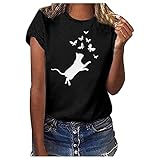 Sommer T-Shirt Damen Lässige und Bequeme Damenbluse mit kurzen Ärmeln Katze Drucken Rundhals Kurzarm Oberteile Hemd Casual Tops Bluse Oberteile Tee Tops Tunika Teenager M