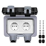 Powerole Außensteckdose IP66 Wetterfest, Wandsteckdose Gartensteckdose Aufputz Schutzkontakt für Feuchtraum Garten den Aussenbereich, Outdoor Steckdose 2fach mit Klappdeck
