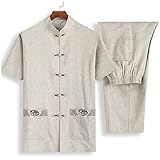 FMOGQ Tang Suit Traditionelle chinesische Kleidung, Herren Tai Chi Kleidung Anzug Tops Hosen Hanfu Baumwolle Leinen Kurzarm Kung Fu-Kampfanzug Herren Hemd Mantel Beige 180