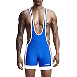 YEAHDOR Herren Sexy Mankini Stringbody Wrestling Singlet Mesh Body Tanga mit Bulge Beutel Transpanrent Unterhemd Badeanzug Königsblau F XL