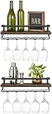 Mkono Wandmontierte Weinregale 2er Set Holz Rustikale Weinflasche Glas Schwimmregale mit Stemware Aufhänger Moderne Pflanzen Fotos Weindisplay Aufbewahrungshalter für Küche Esszimmer B