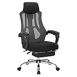 SONGMICS Bürostuhl aus Netzstoff, ergonomischer Drehstuhl mit höhenverstellbarer Kopfstütze und Fußstütze, neigbare Rückenlehne bis 135°, schwarz und dunkelgrau OBN056B02