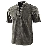 JIOJIO Gothic Hemden für Herren, Vintage Kurzärmliges literarisches T-Shirt V-Ausschnitt Schnürkrawatte Kurzarm Oberteil Shirts Männer Stretch Pullover Freizeitshirt Outdoor Casual Atmungsaktiv B