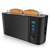 Arendo - Toaster Langschlitz 2 Scheiben - Defrost Funktion - 1000 W - Doppelwandgehäuse - Integrierter Brötchenaufsatz - Bräunungsgrade 1-6 – Display mit Restzeitanzeige - Edelstahl schw