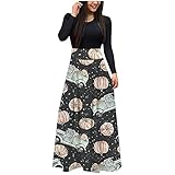 STOREYH Damen Halloween Druck Rock Volltonfarbe Tops Spleiß Maxi Kleider Elegant High Waist Rundhals Langarm Wickel Tunika Rollenspiel Kleid Hexe Party Festlich Abend Frauen Dress Karneval Blusenk