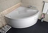 ECOLAM symmetrische Badewanne Eckbadewanne Standard Acryl weiß 130x130 cm + Schürze Ablaufgarnitur Ab- und Überlauf Automatik Füße Silikon Komplett-Set (130 x 130 cm)