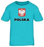 Wappen Polska Poland Warschau Länder Kinder T-Shirt Rundhals Mädchen Jungen Flagge Polen, Größe: 122/128,türk