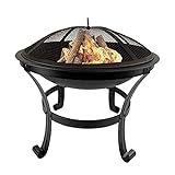 HENGMEI Feuerschale Feuerstelle mit Grillrost Ø 56cm Multifunktional Fire Pit Grillstelle Feuerkorb Funkenschutz mit Schutzhülle für BBQ, Heizung, G