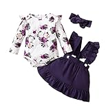 T TALENTBABY Neugeborenes Kleid Kleinkind Baby Mädchen Playwear Bedrucktes Strampler Top + Rüschen Hosenträger Rock + Schleife Stirnband 3PCS Langarm Kleidung Outfits, Lila, 0-6 M