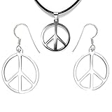 PPX 3 Stück Peace Zeichen Silber aus Metall mit Stoffband Kette zum umhängen als Halskette und Peace Zeichen Ohrring Schmuckset mit einer Box