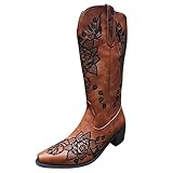 HOTRA Lässige Cowboystiefel für Damen Vintage Bestickte Blumen Kniehohe Westernstiefel Ritterstiefel mit Niedrigem Absatz und Eckiger Zehenpartie (Color : Brown, Size : 41 EU)